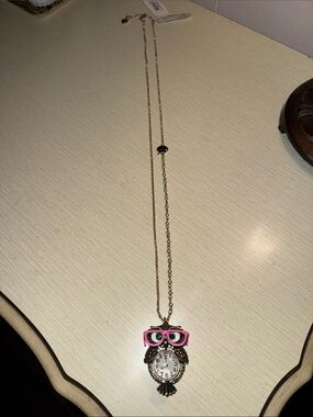 Betsey Johnson Bronze Owl Pendant Watch with Pink Glasses